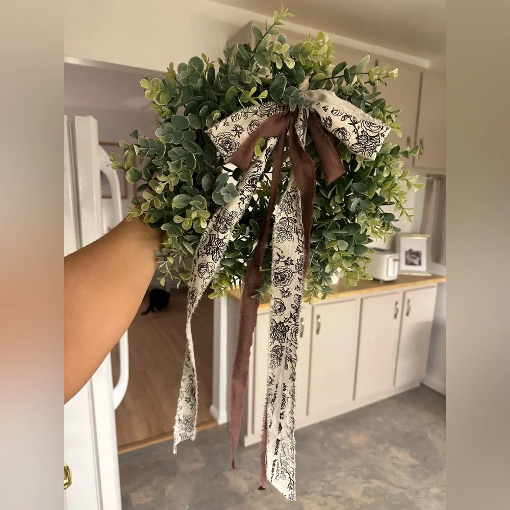 Greenery Wreath with Brown and Cream Ribbon